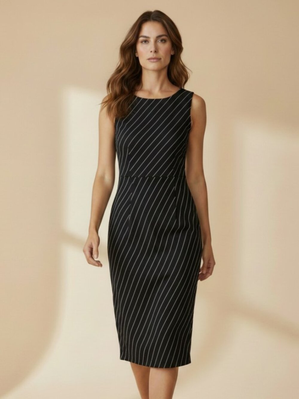 Alex Garfield Black White Pinstripes Lined Sleeveless Bias Dress Misses Size 6